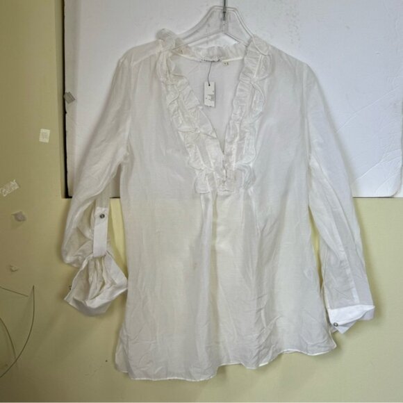 Tahari NEW ELISE Silk Cotton Ruffle Blouse Top Lightweight Sheer Slits Neutral S - Picture 2 of 15